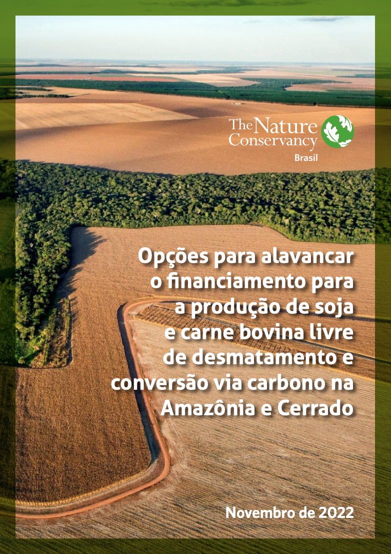Publicação "Opções para alavancar o financiamento para a produção de soja e carne bovina livre de desmatamento e conversão via carbono na Amazônia e Cerrado"